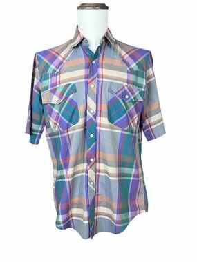 Vintage Saddlebrook Blue/Tan Plaid Short Sleeve Pearl Snap Button Down - Medium